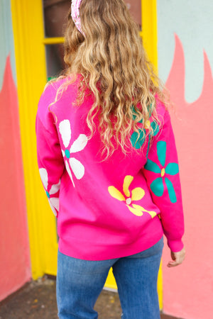 Flower Power Hot Pink Daisy Jacquard Pullover Sweater