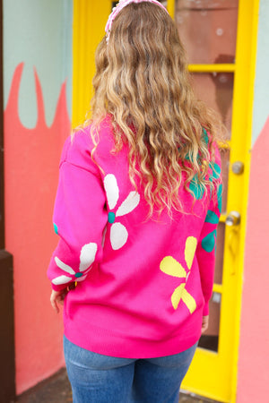 Flower Power Hot Pink Daisy Jacquard Pullover Sweater