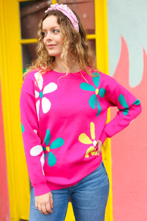 Flower Power Hot Pink Daisy Jacquard Pullover Sweater