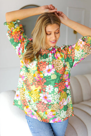 All For You Green Floral Print Frill Smocked Top