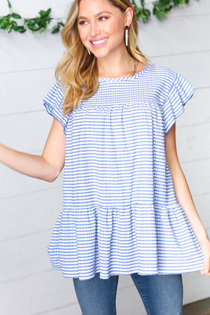 Blue Gingham Pucker Yoke Flutter Sleeve Top