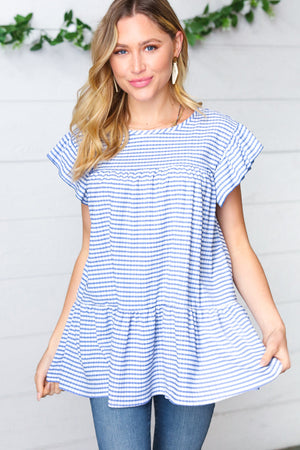 Blue Gingham Pucker Yoke Flutter Sleeve Top