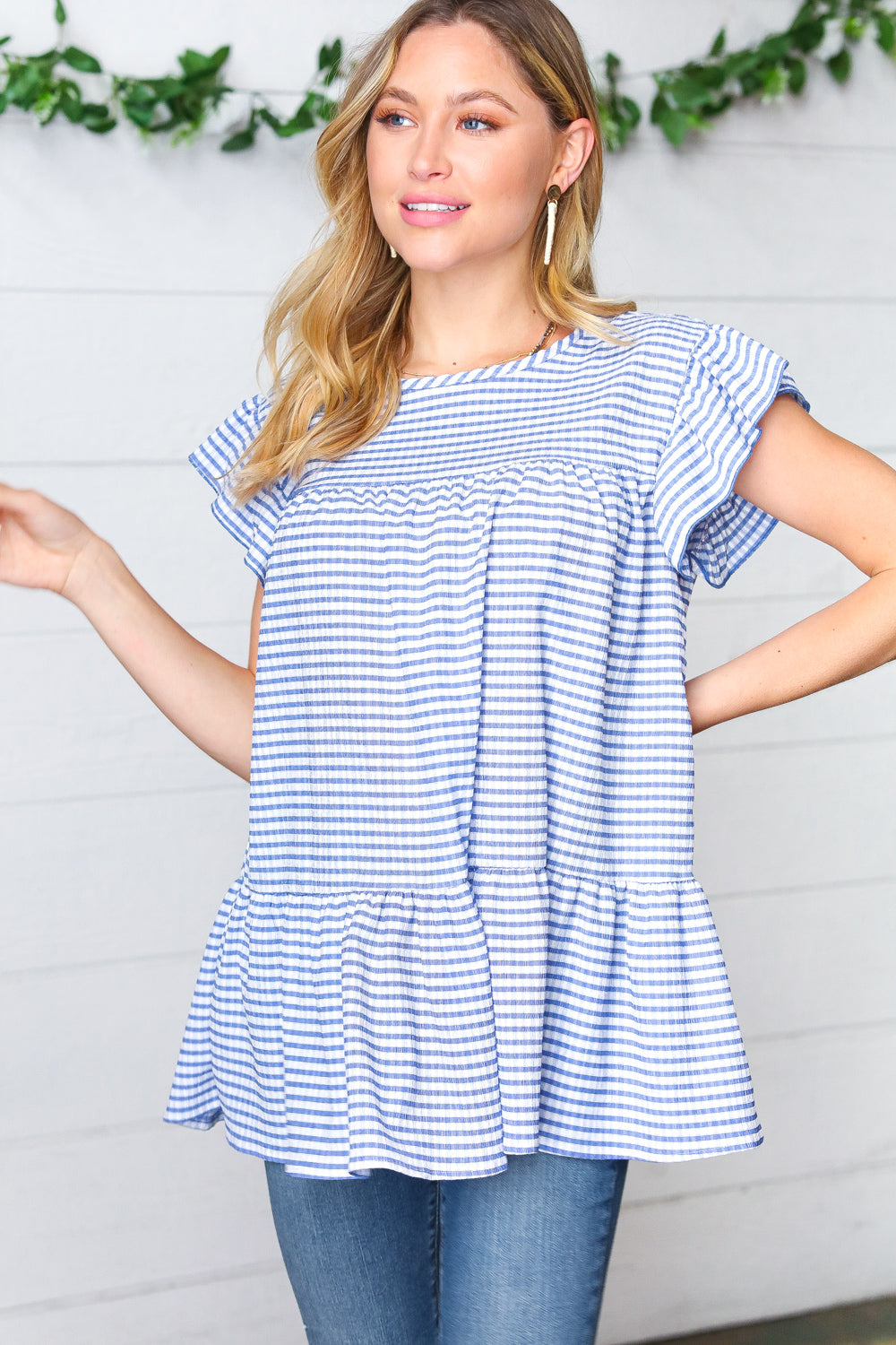 Blue Gingham Pucker Yoke Flutter Sleeve Top