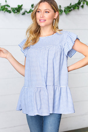 Blue Gingham Pucker Yoke Flutter Sleeve Top