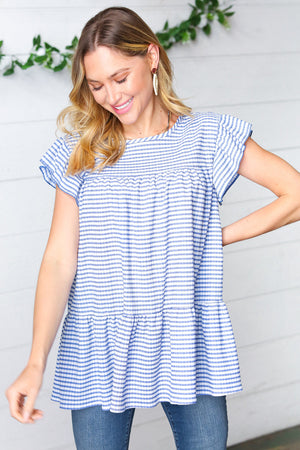 Blue Gingham Pucker Yoke Flutter Sleeve Top
