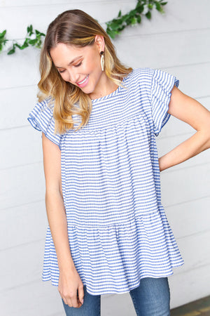 Blue Gingham Pucker Yoke Flutter Sleeve Top