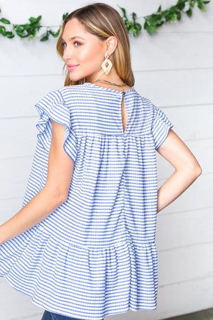 Blue Gingham Pucker Yoke Flutter Sleeve Top
