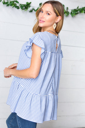 Blue Gingham Pucker Yoke Flutter Sleeve Top