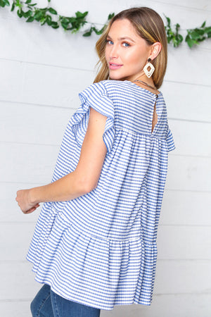 Blue Gingham Pucker Yoke Flutter Sleeve Top