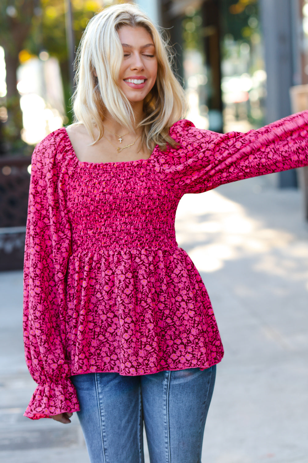 Always With You Fuchsia Smocked Ditzy Floral Ruffle Top