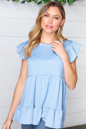 Sky Blue Pointelle Babydoll Tiered Ruffle Sleeve Top