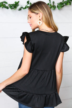 Black Pointelle Babydoll Tiered Ruffle Sleeve Top