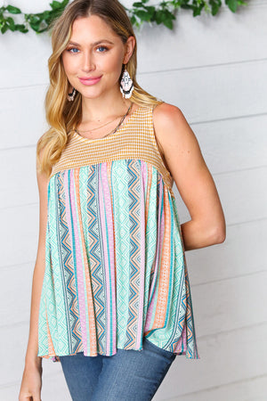 Yellow & Aqua Two-Tone Boho Print Back Tie Tank