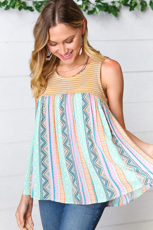 Yellow & Aqua Two-Tone Boho Print Back Tie Tank