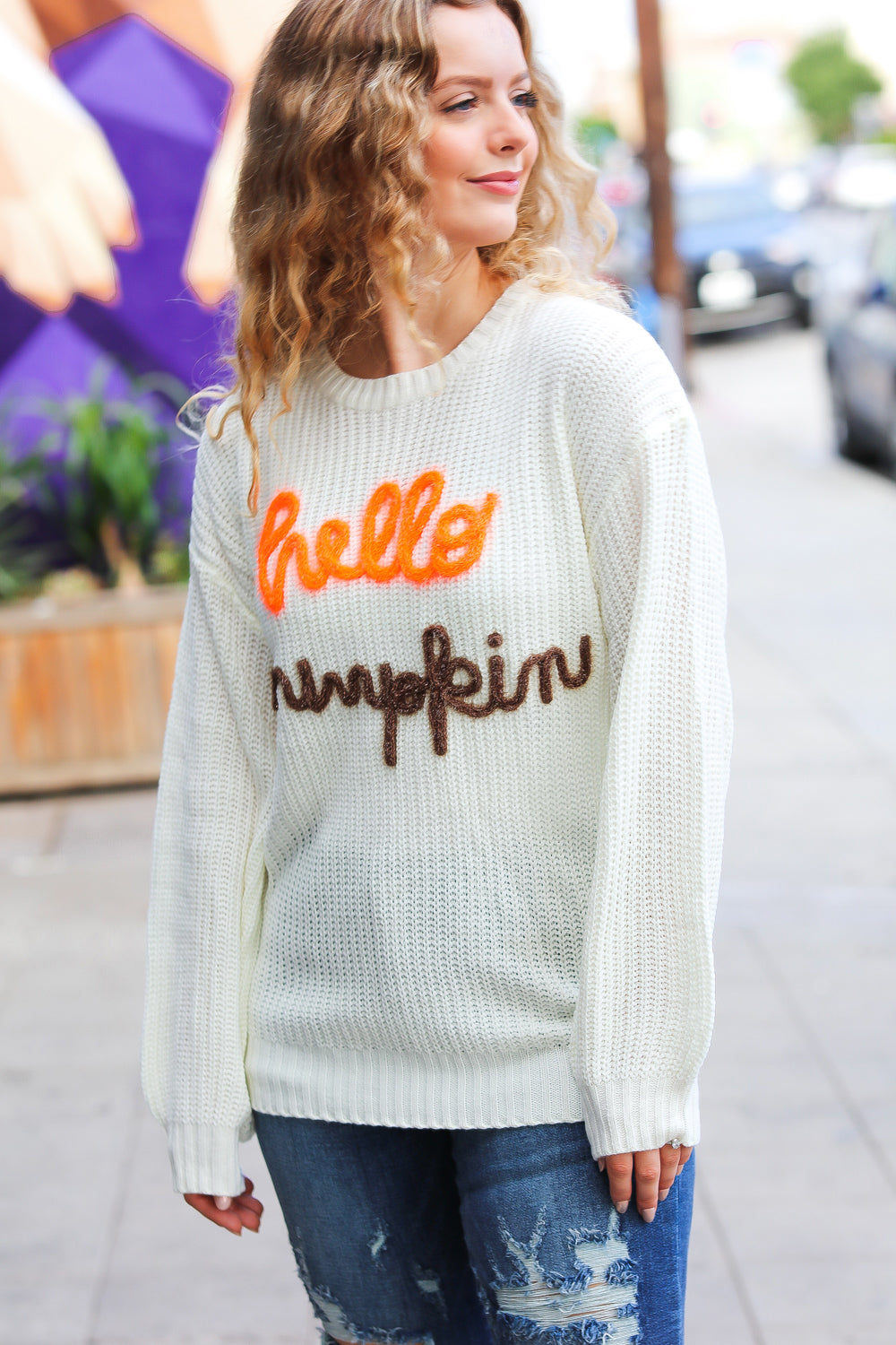 Spotlight Lurex Embroidered Neon "Hello Pumpkin" Chunky Sweater