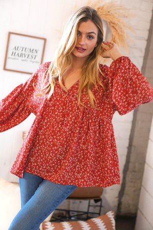 Rust V Neck Floral Babydoll Woven Top