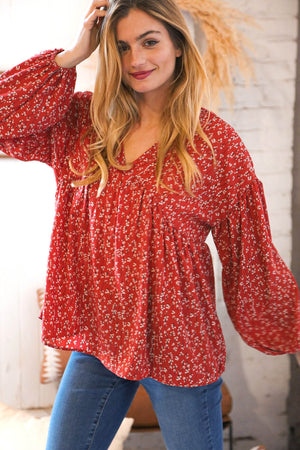 Rust V Neck Floral Babydoll Woven Top