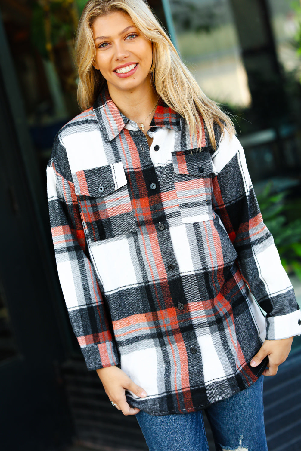 All On You Black & Burnt Orange Flannel Button Down Shacket