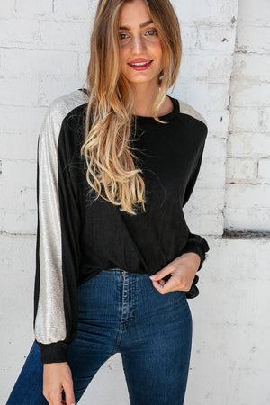 Black Cashmere Feel Shimmer Foil Long Sleeve Raglan