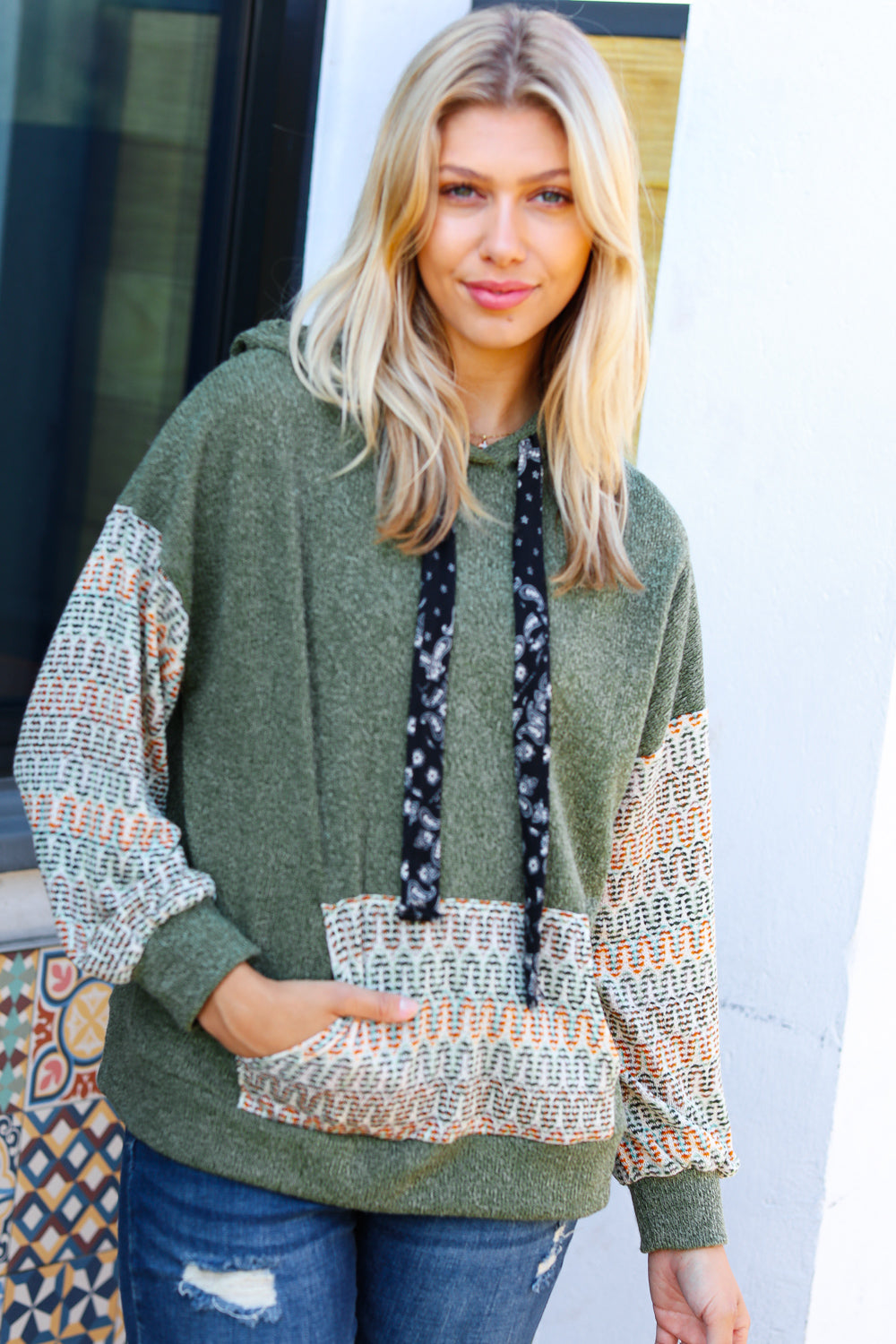 Slouchy Olive Hacci Corded Vintage Chevron Hoodie
