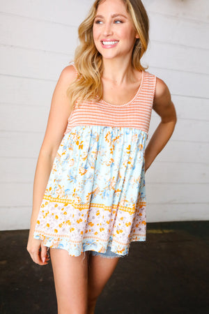 Orange & Blue Two Tone Floral Back Tie Tank