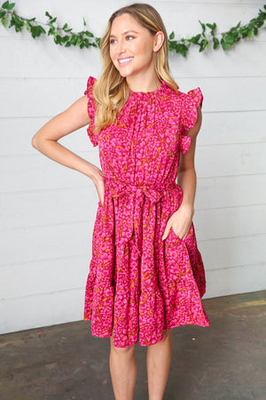 Magenta Floral Waist Tie Ruffle Frill Dress with Pockets