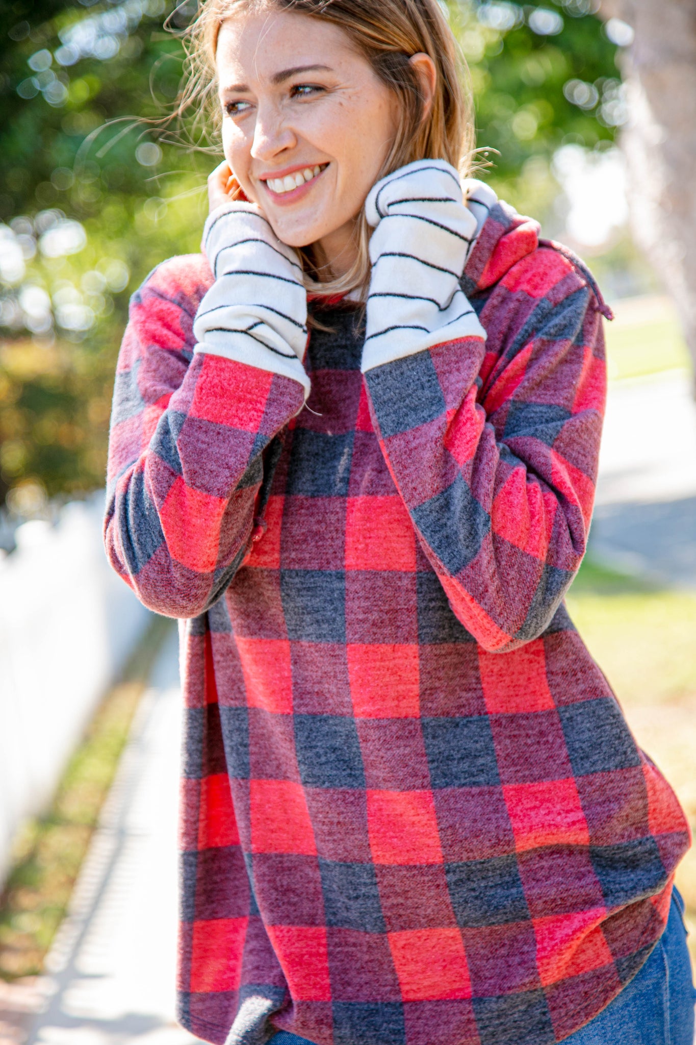 Buffalo Plaid & Stripe Cashmere Feel Hoodie