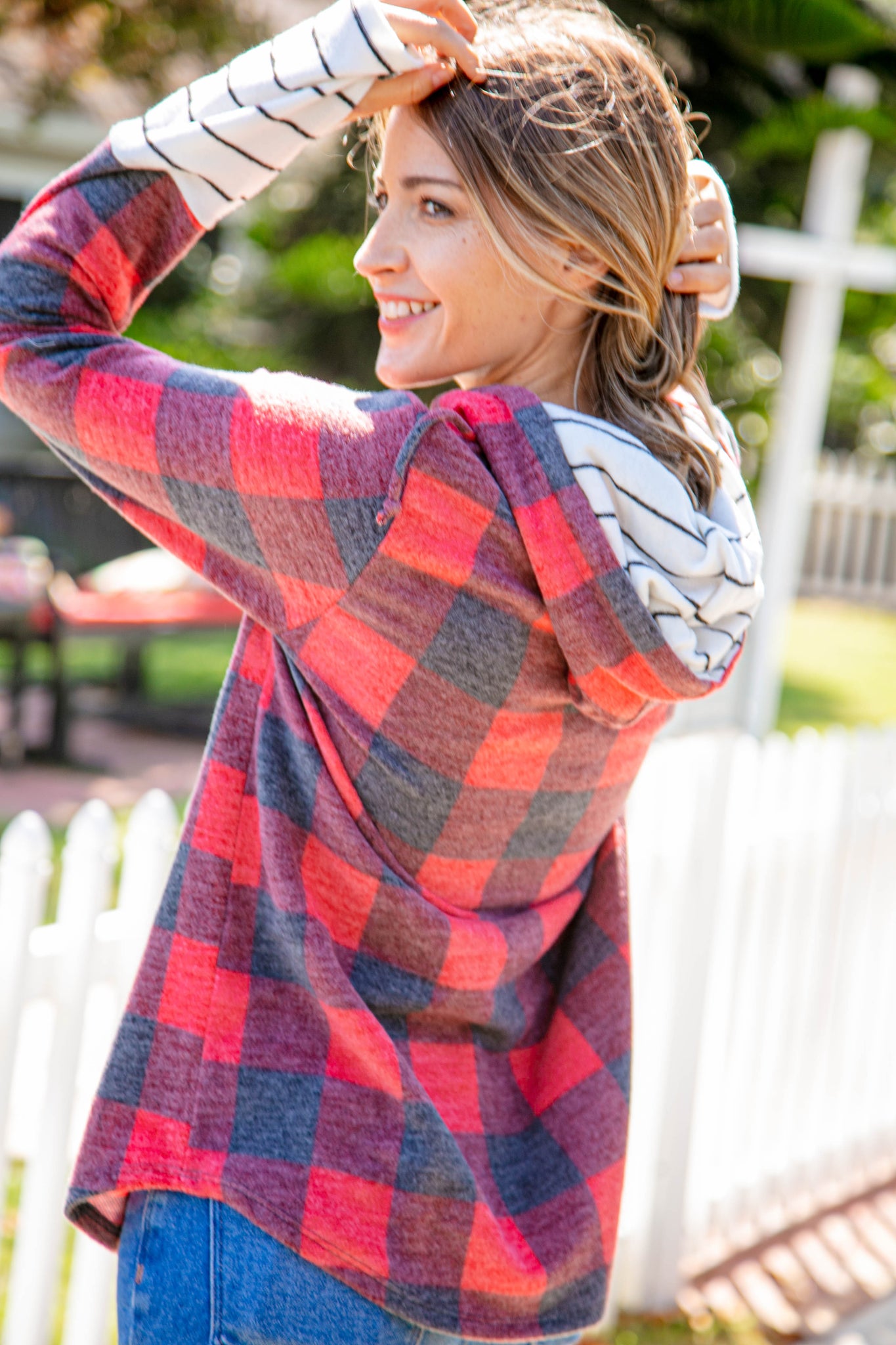 Buffalo Plaid & Stripe Cashmere Feel Hoodie