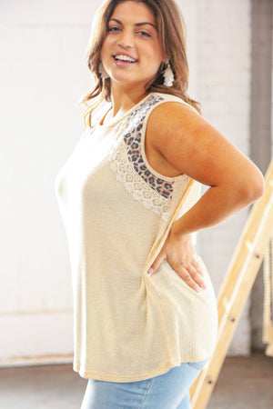 Tan Leopard Crochet Waffle Banded Sleeve Top