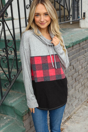 Plaid and Grey Cashmere Feel Turtleneck Top