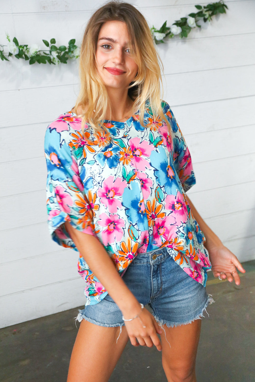 Pink & Blue Floral Print Woven Top