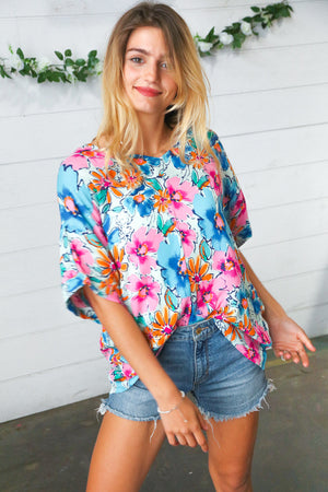 Pink & Blue Floral Print Woven Top