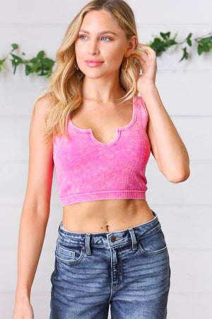 Candy Rose Washed Rib Cropped Notched Tanko