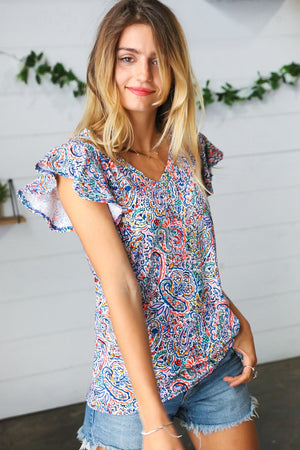 Multicolor Paisley Floral Print Flutter Sleeve Top