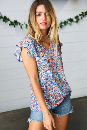 Multicolor Paisley Floral Print Flutter Sleeve Top