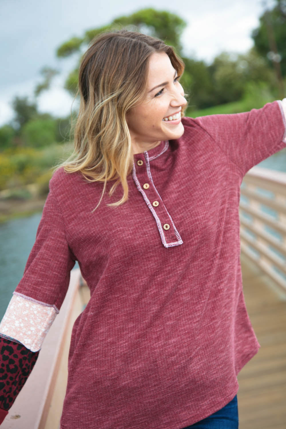 Burgundy Thermal Floral Leopard Color Block Top