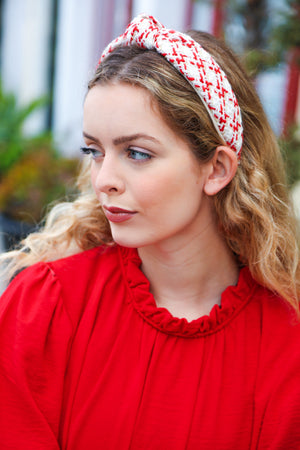 Cream Gold & Red Knit Top Knot Headband