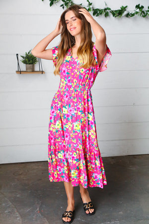 Fuchsia & Yellow Floral Elastic Waist Ruffle Midi Dress