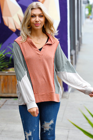 Weekend Bliss Rust & Olive Collared Terry Color Block Top