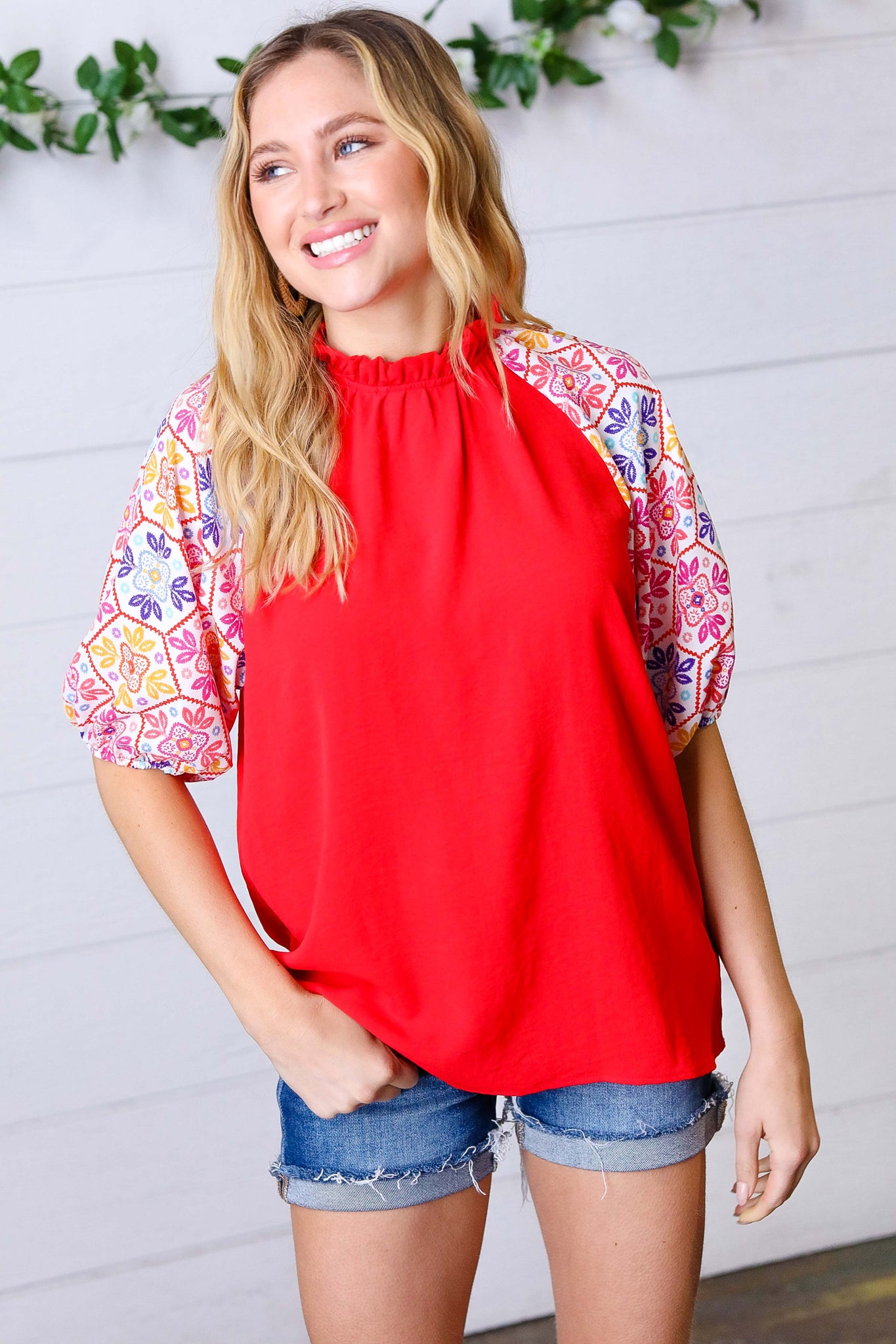 Cardinal Red Frilled Mock Neck Floral Puff Sleeve Top