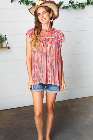 Red & Blue Boho Stripe Flutter Sleeve Top
