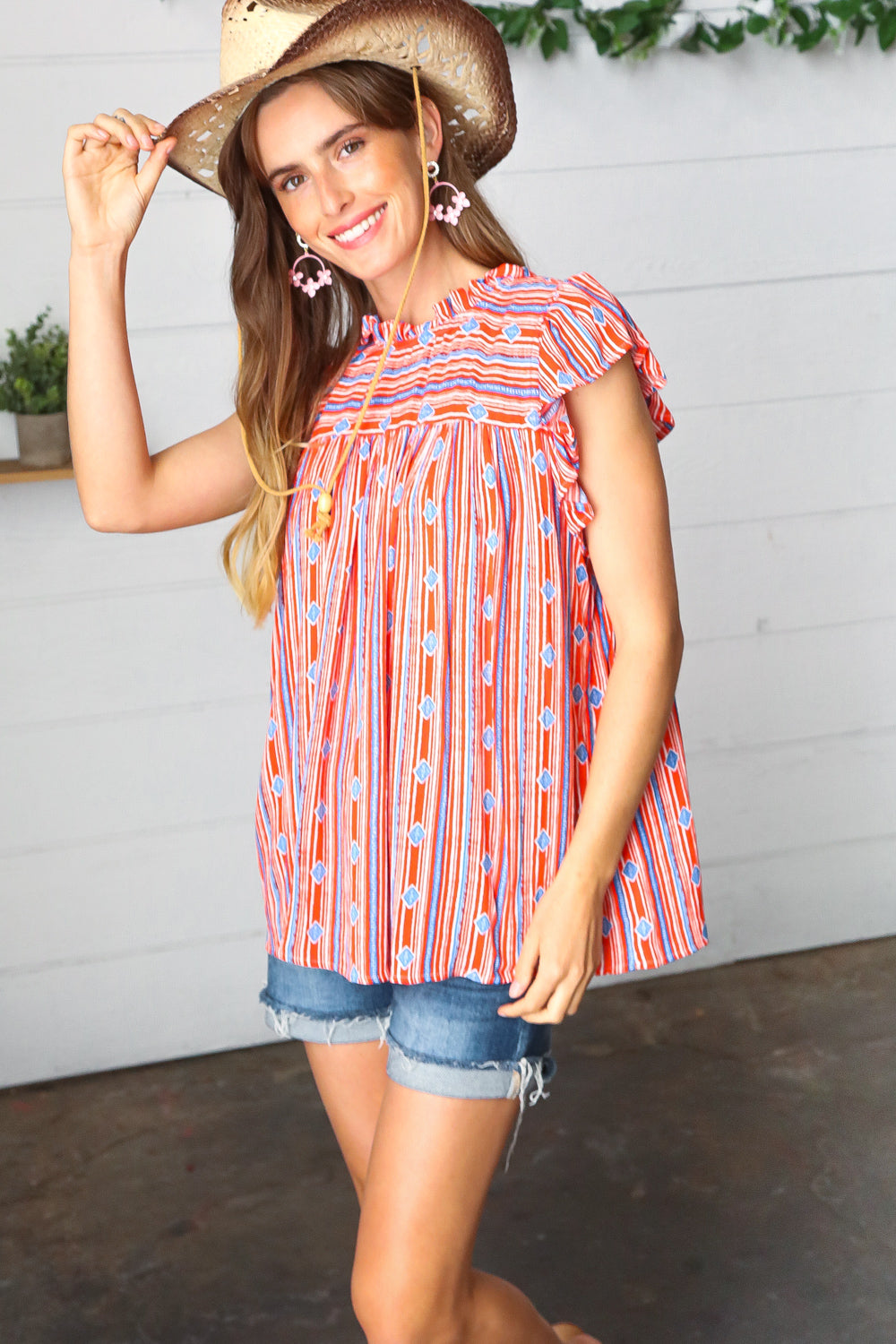 Red & Blue Boho Stripe Flutter Sleeve Top