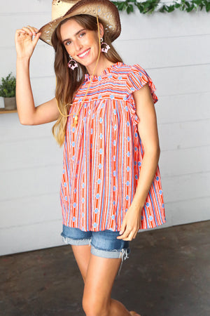 Red & Blue Boho Stripe Flutter Sleeve Top