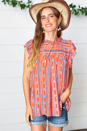 Red & Blue Boho Stripe Flutter Sleeve Top