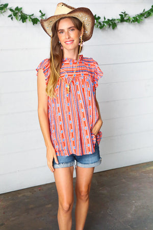 Red & Blue Boho Stripe Flutter Sleeve Top