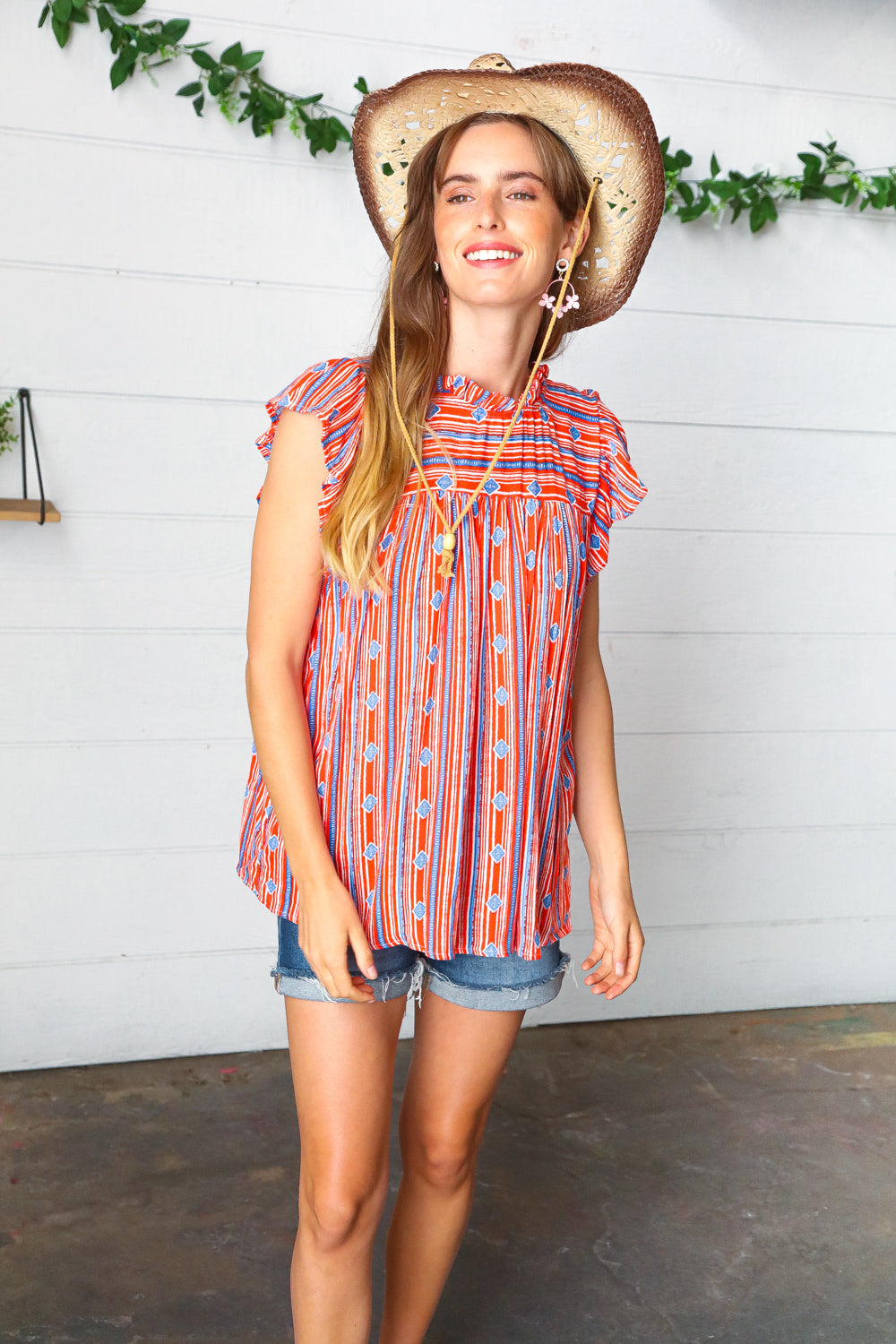 Red & Blue Boho Stripe Flutter Sleeve Top
