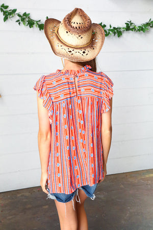 Red & Blue Boho Stripe Flutter Sleeve Top