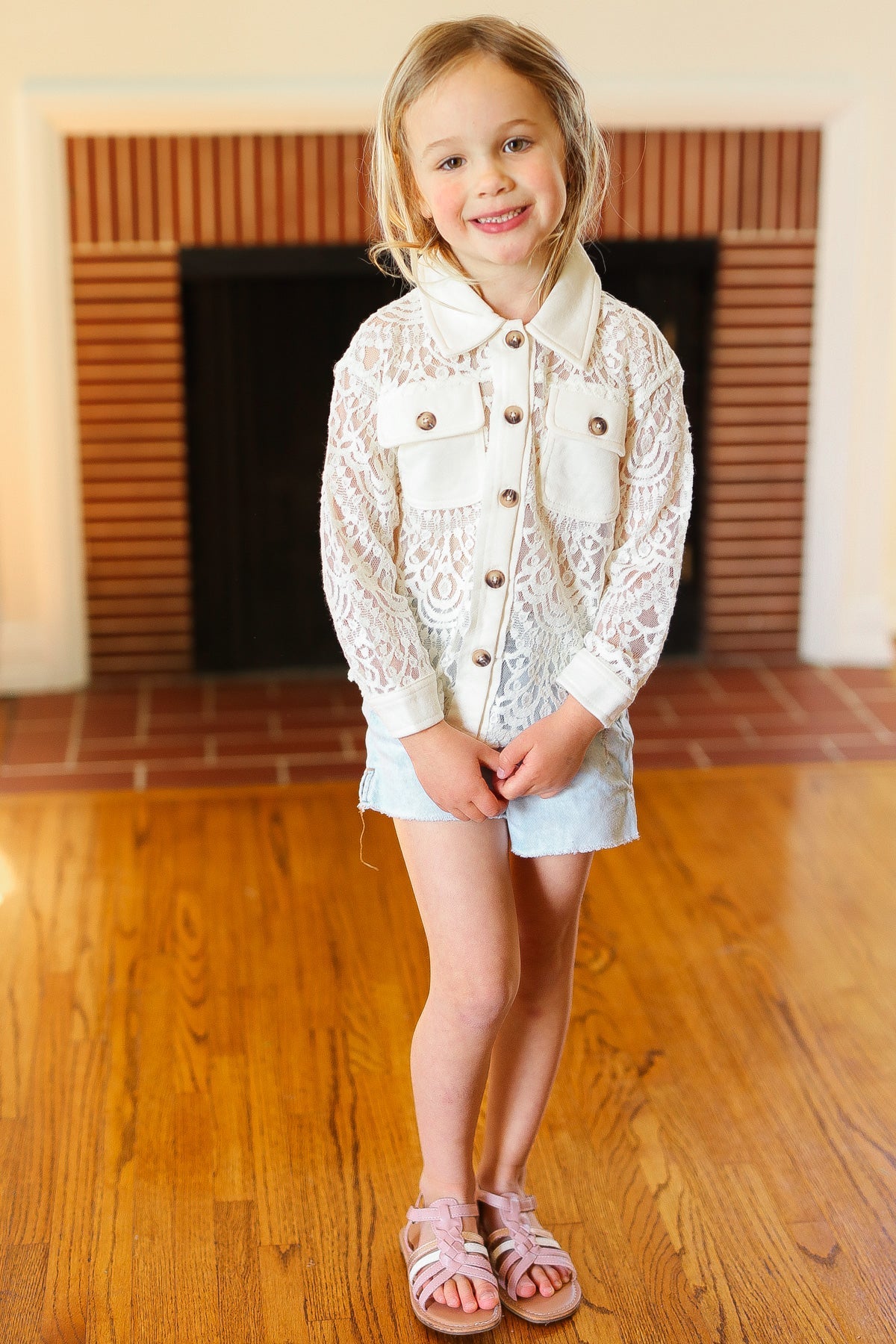 Kids Giddy Up Cream Cotton Floral Lace Button Down Top