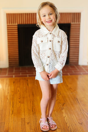 Kids Giddy Up Cream Cotton Floral Lace Button Down Top