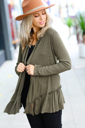 Olive Green Face the Day Two-Tone Ruffle Cardigan